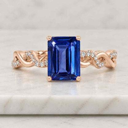 Natural Tanzanite Ring 14k Gold, Emerald Cut Tanzanite Engagement Ring, Bypass Twisted Diamond Band,
