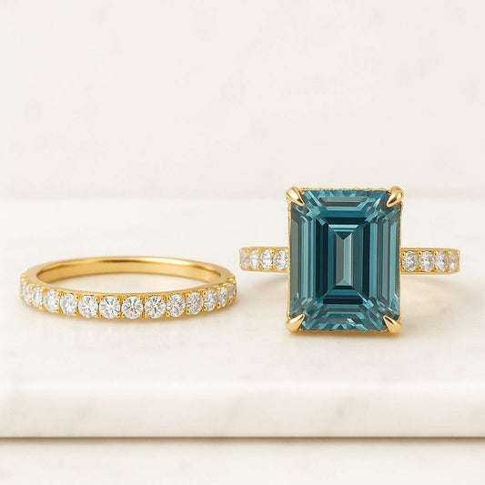 Natural Teal Sapphire Engagement Ring Set Yellow Gold Peacock Sapphire Ring Emerald Cut Sapphire Ring Green Blue Sapphire Bridal Set Women