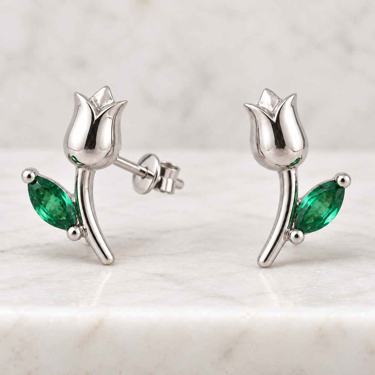 Natural Zambian Emerald Flower Stud Earrings, Marquise Emerald Petal Earrings, Round Diamond Center Studs, May Birthstone Gift for Her
