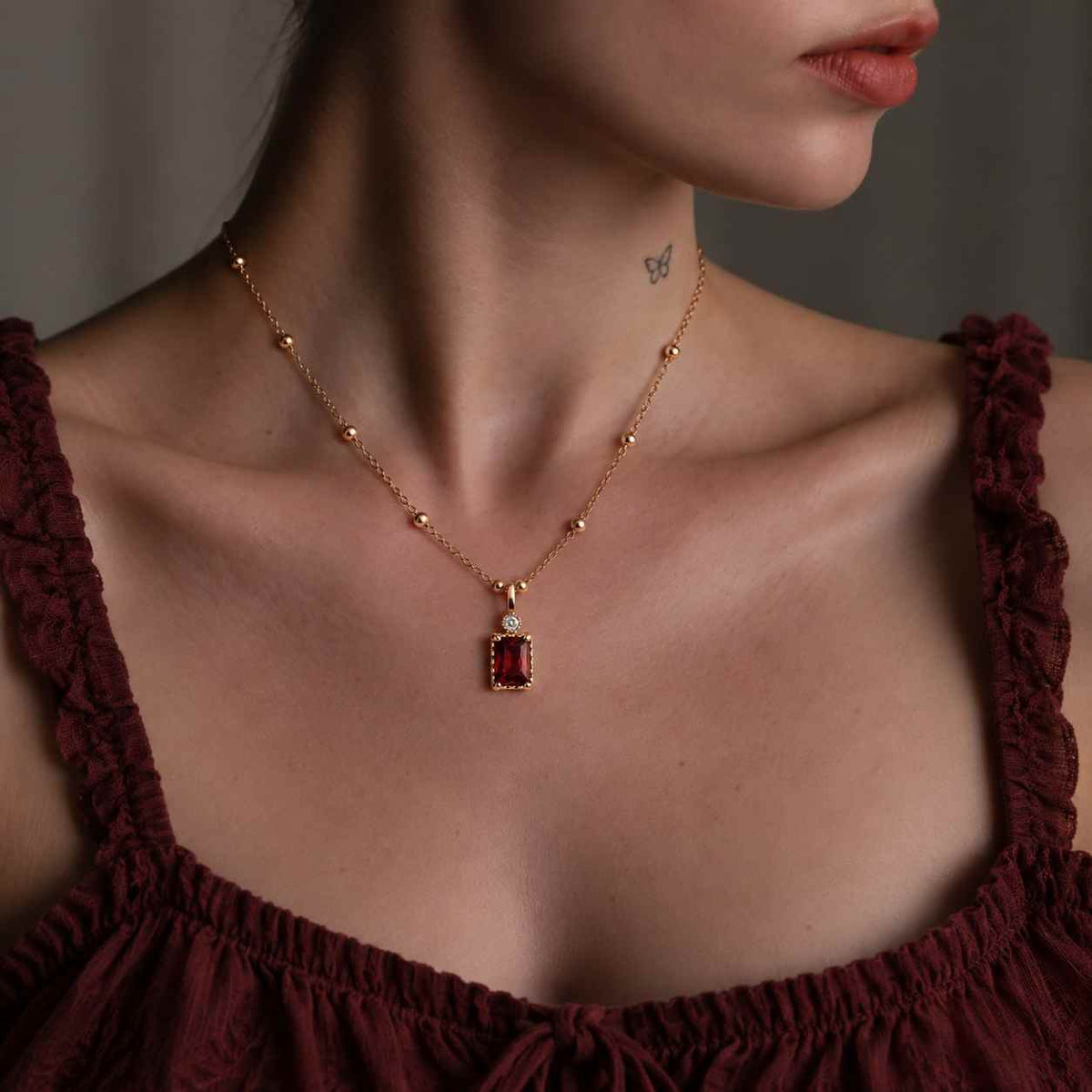 natural ruby pendant necklace, large emerald cut 2.8ct statement, sterling silver 925 rhodium plated, july birthstone
