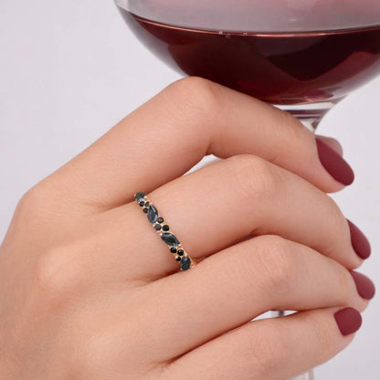 Unique Salt and Pepper Diamond Ring Rose Gold Black Rutilated Quartz Wedding Band Moissanite Straight Promise Wedding Rings For Women

