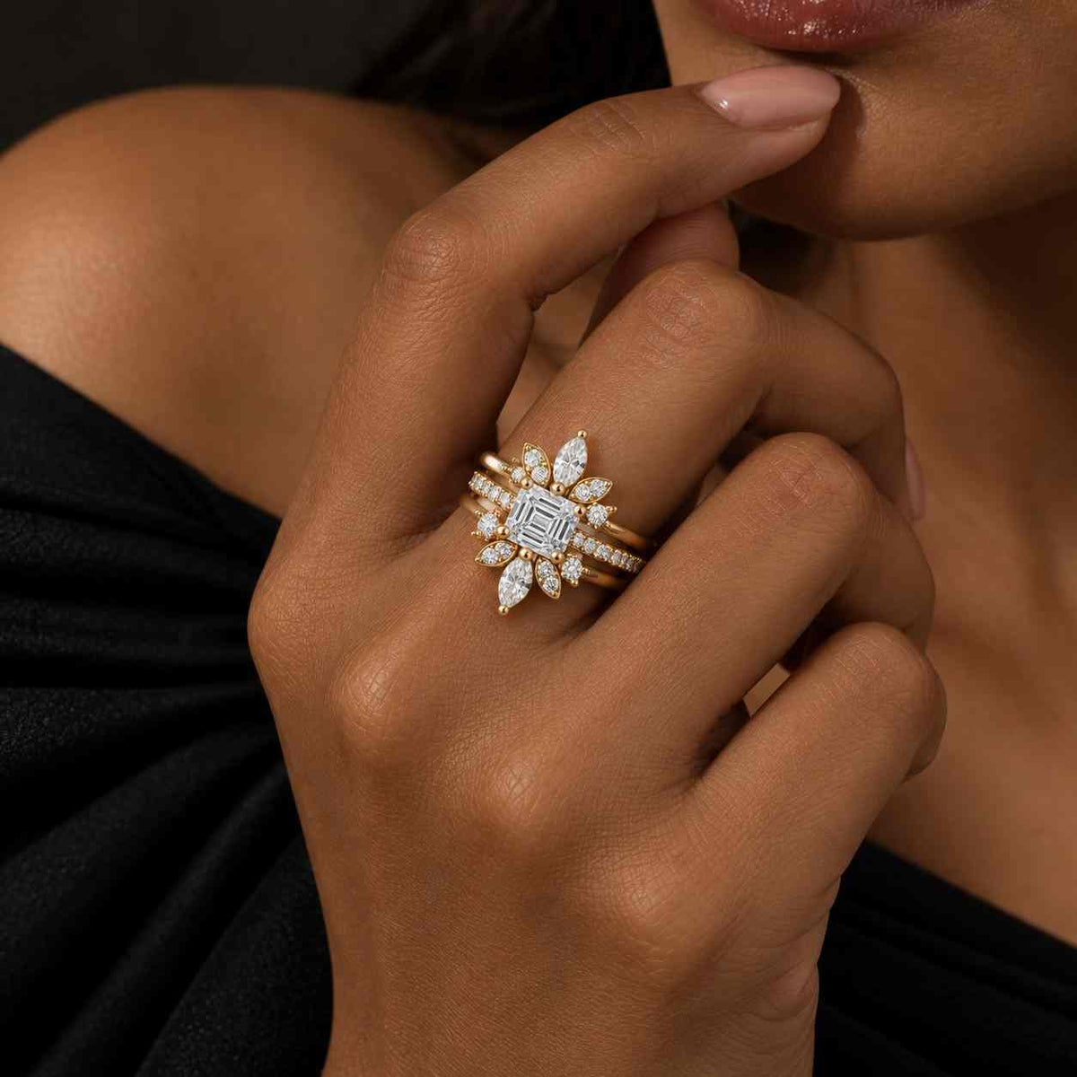 Nature Inspired 5 CT Emerald Cut Moissanite Engagement Ring, Hidden Diamond Inlay Flower Prongs, 14K Yellow Gold Ring, Anniversary Gift Ring
