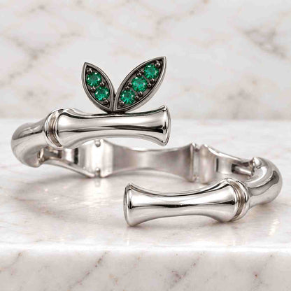 Nature Inspired Leaf Style Open Cuff Stacking Band, Branch Vines Wedding Ring, Green Lab Gemstones, 10k Yellow Gold
