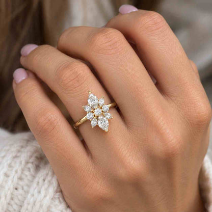 Nature Inspired Marquise Cut Engagement Ring, Lab Grown Diamond Floral Cluster Unique Promise Ring.