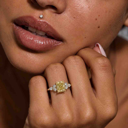 ONE Of A KIND 9.55 Carat Total Fancy Vivid Yellow VVS2 Cushion Cut Lab Grown Diamond Three Stone Engagement Ring Half Moon 18k Two Tone Gold
