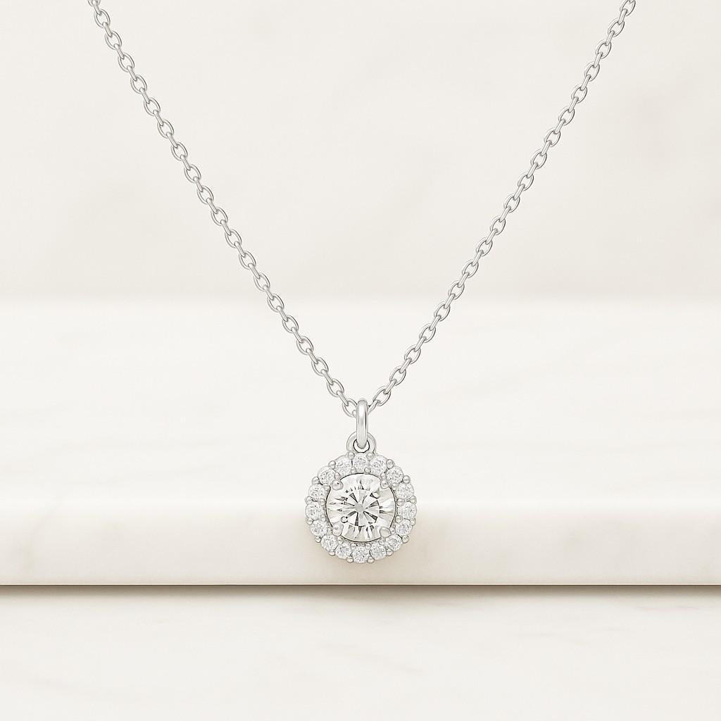 Old European Round Cut Lab Diamond Halo Necklace Prong Set Eco Friendly Diamond Bridal Necklace