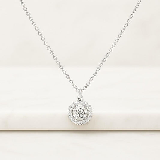 Old European Round Cut Lab Diamond Halo Necklace Prong Set Eco Friendly Diamond Bridal Necklace