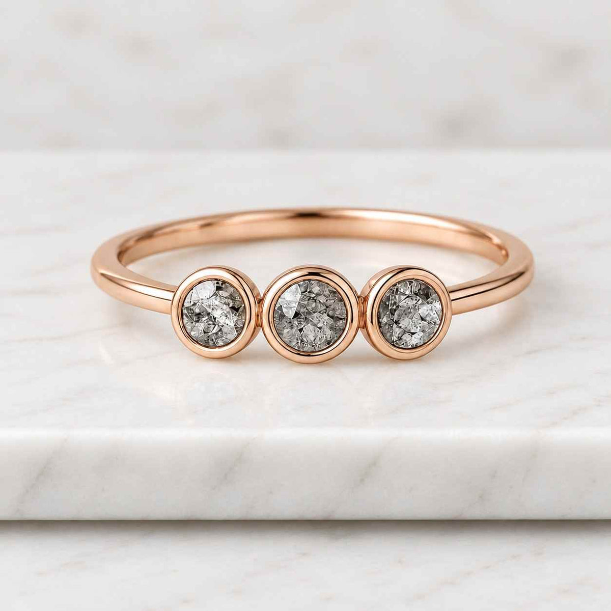 old european round lab grown cut diamond ring, three stone engagement ring 3 stone wedding ring bezel set ring anniversary gift ring