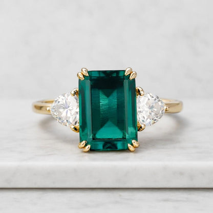 Lab Created Emerald 925 Sterling Silver Ring Emerald Cut Gemstone Ring For Her Engagement Ring Wedding Band Three Stone Ring Birthstone
