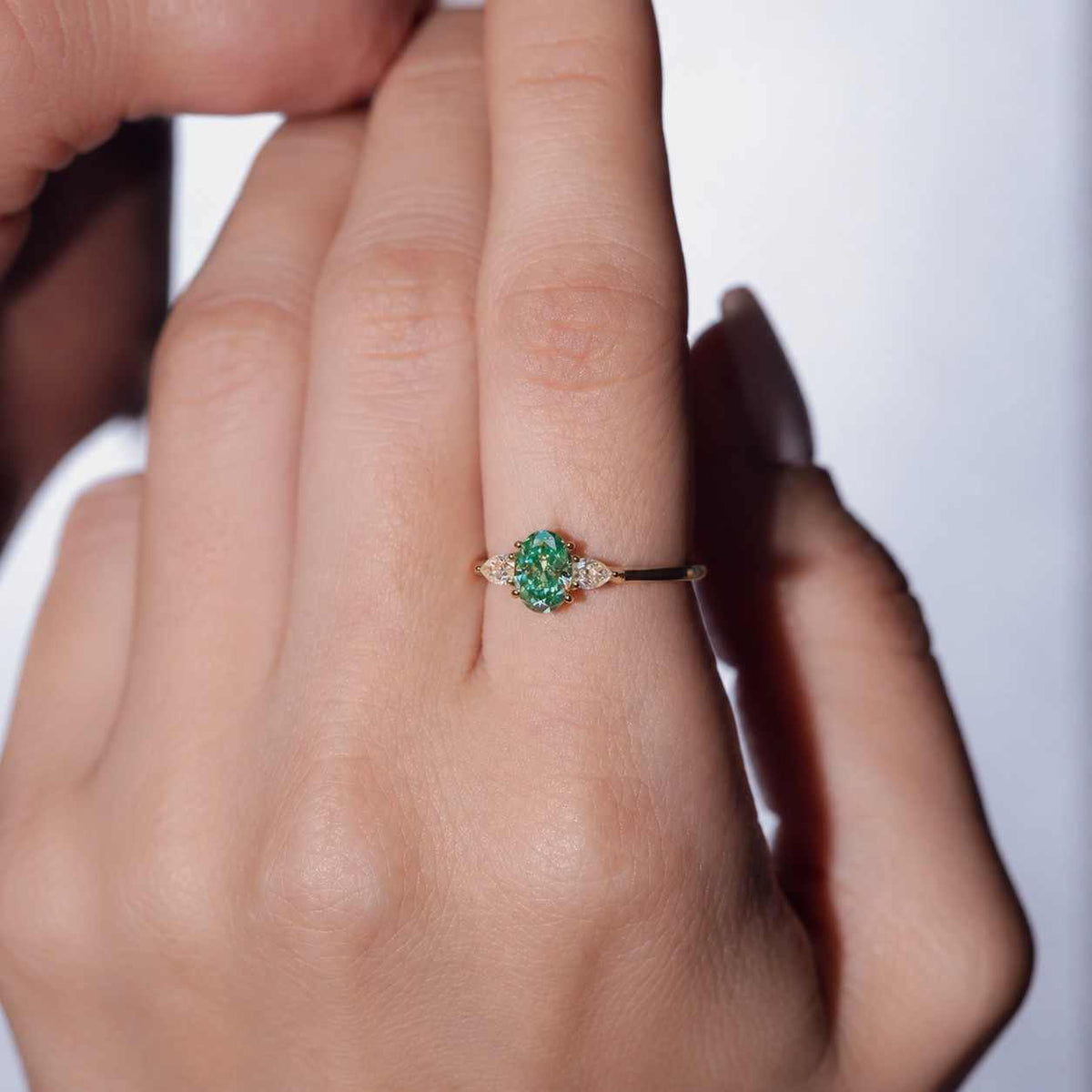 Olive Green Oval Lab Diamond Ring | 14K Yellow Gold Three Stone Engagement Ring
