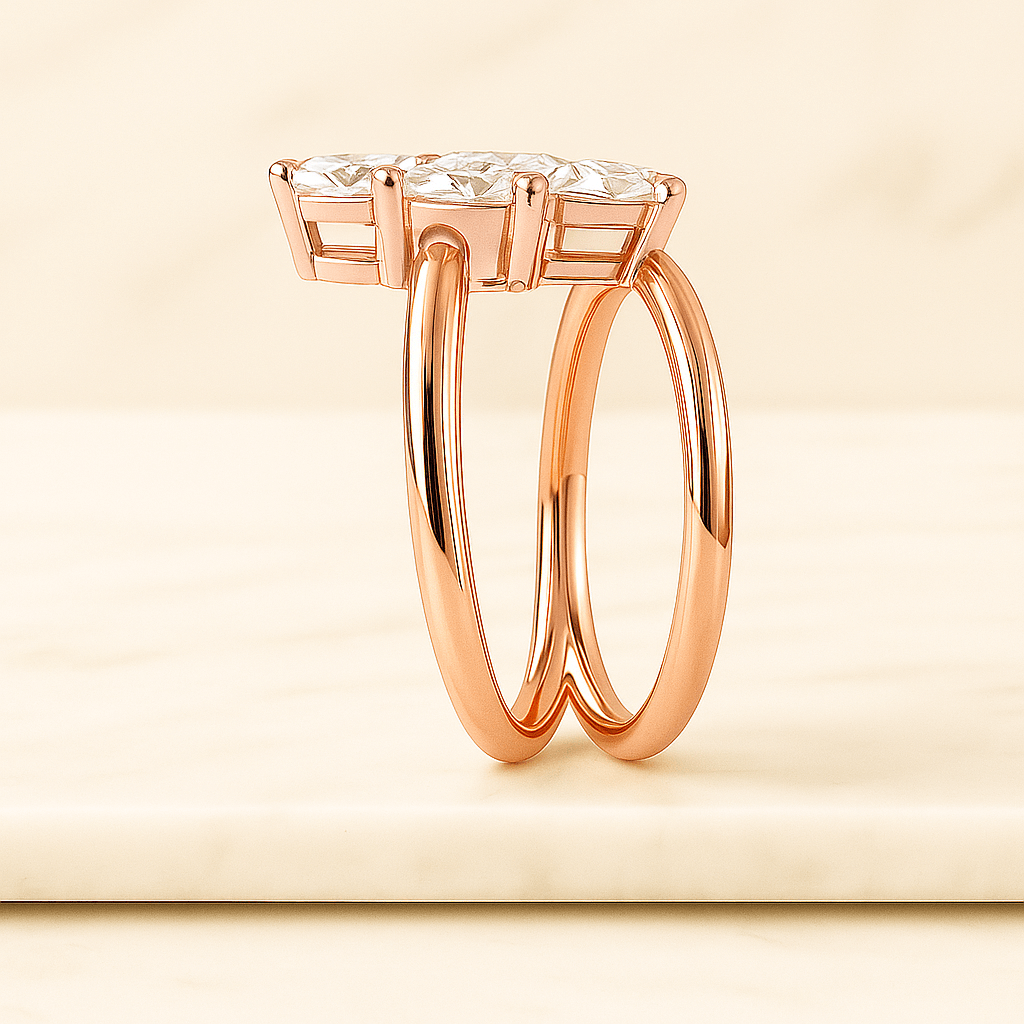 Solid Gold Double Band Ring with Lab-Grown Diamond Pave Elegant Open Cuff Jewelry