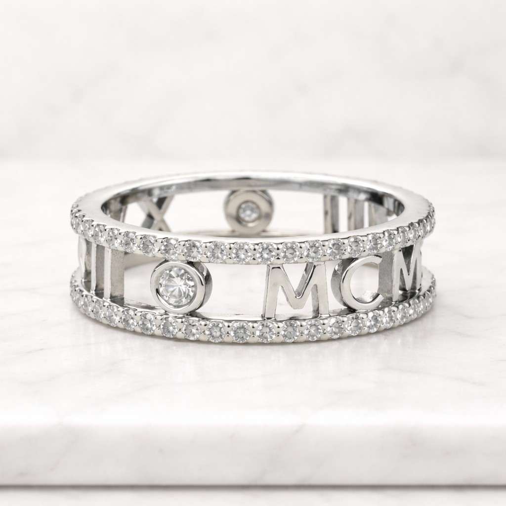 Diamond Roman Numeral Ring by Sevgi Jewelry • 8mm Wide Available in 14k, 18k Gold and Platinum • Personalized Wedding or Anniversary Ring
