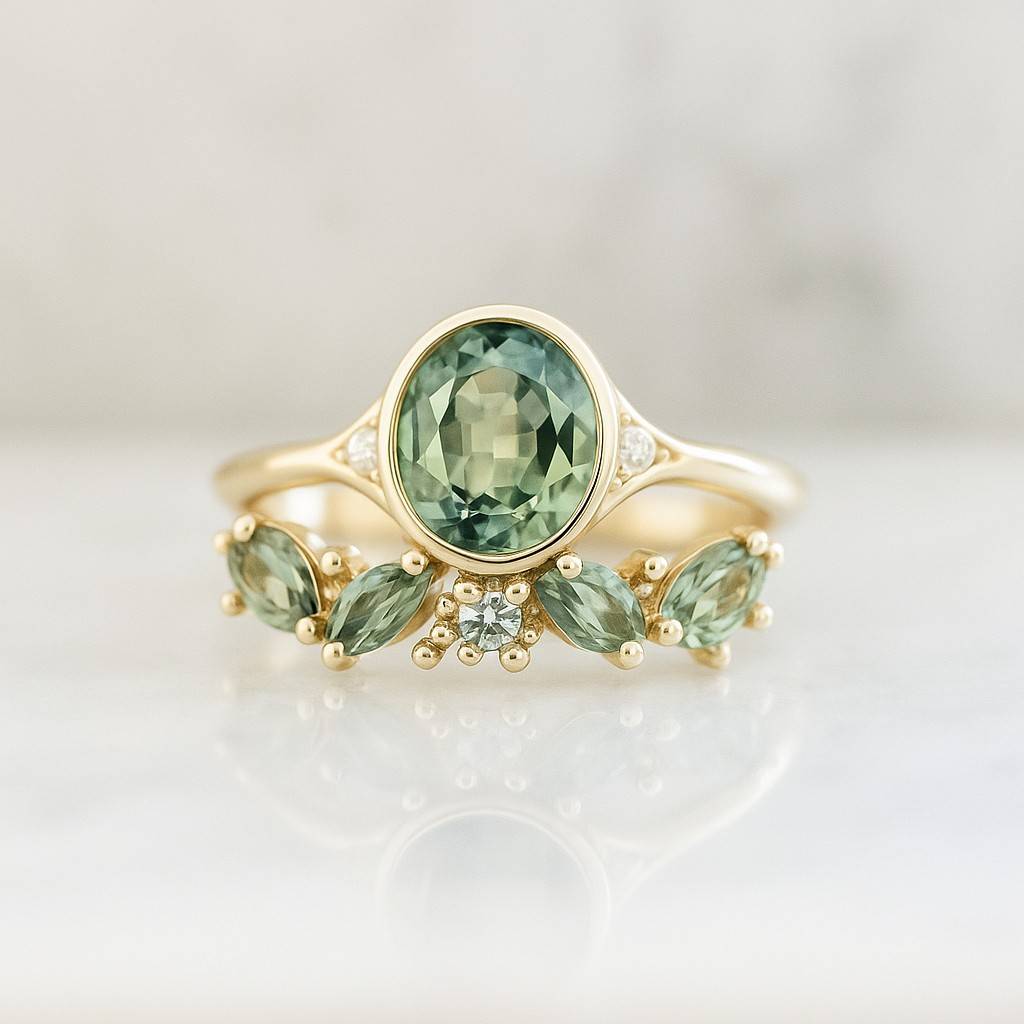 Open Cluster Marquise Moss Agate Bridal Set Promise Anniversary Ring Set
