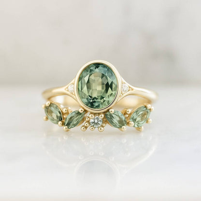 Open Cluster Marquise Moss Agate Bridal Set Promise Anniversary Ring Set