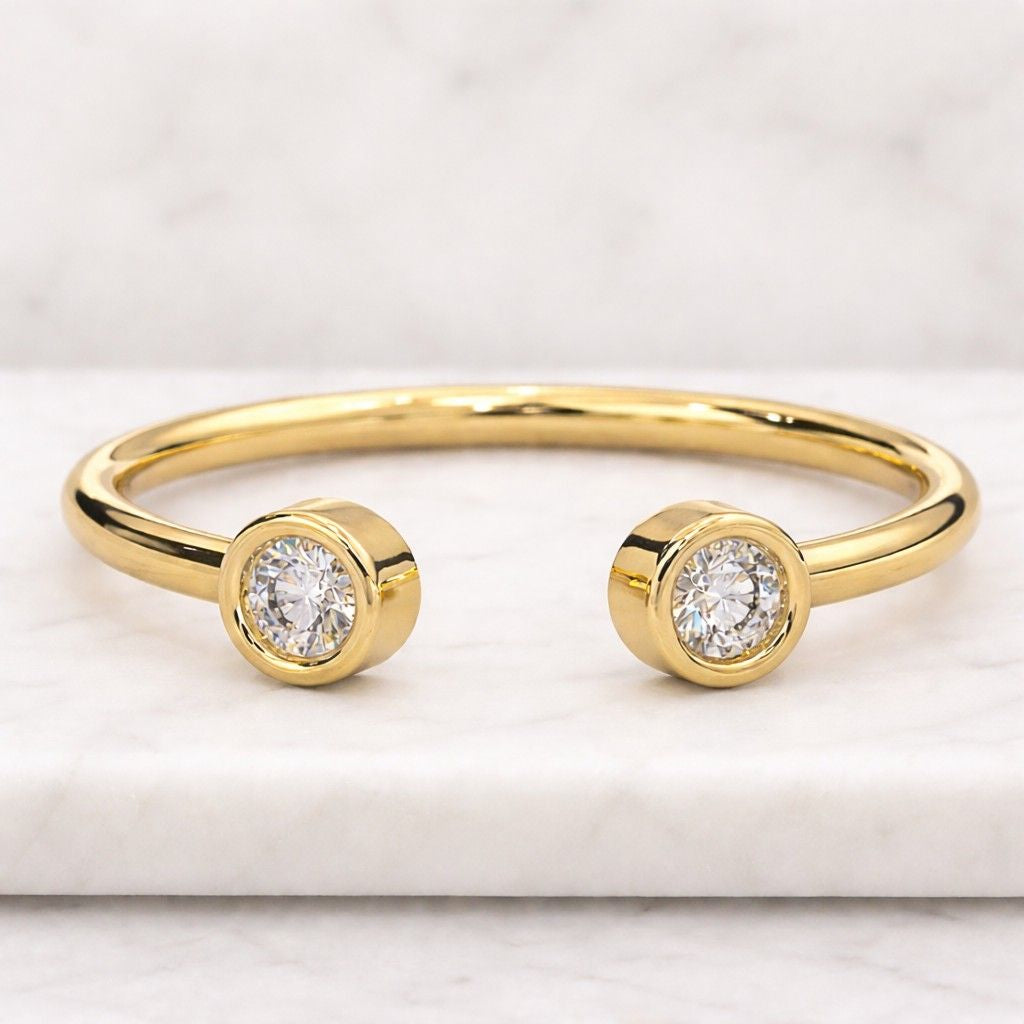 open cuff engagement ring, bezel set gap ring, round moissanite diamond dainty ring, delicate two stone ring, toi et moi open ring for her
