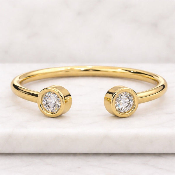 Open Cuff Engagement Ring, Bezel Set Gap Ring, Round Moissanite Diamond Dainty Ring, Delicate Two Stone Ring, Toi Et Moi Open Ring For Her
