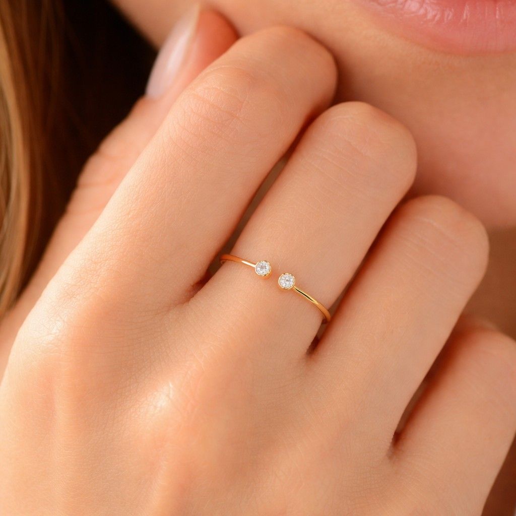 Moissanite Open Cuff Ring in Gold Vermeil | Two Stone Bezel Bypass Ring | Minimalist Dual Diamond Ring | Anniversary Gift for Her
