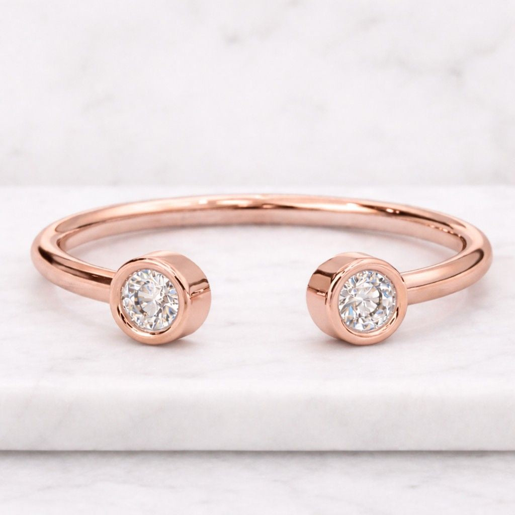 14K Solid Gold Dual Diamond Bezel Open Cuff Ring, Minimalist Everyday Luxury Band
