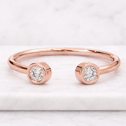 14K Solid Gold Dual Diamond Bezel Open Cuff Ring, Minimalist Everyday Luxury Band
