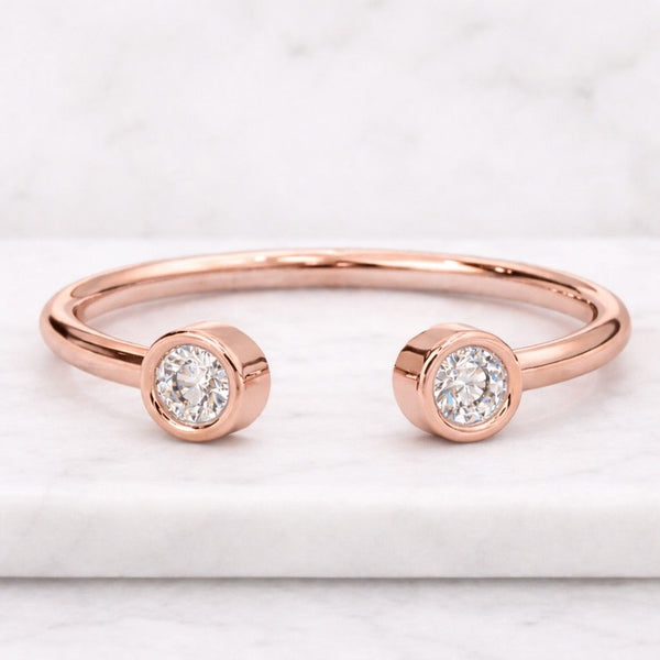 14K Solid Gold Dual Diamond Bezel Open Cuff Ring, Minimalist Everyday Luxury Band

