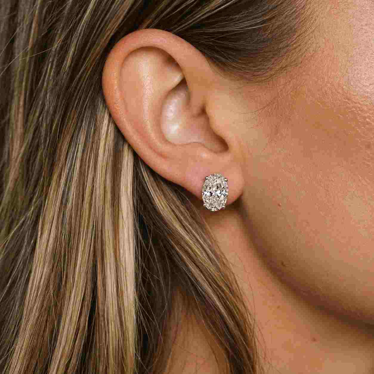 oval-cut lab grown diamond stud earrings / 14k white gold solitaire dainty studs for women / igi certified diamond bridal stud earrings
