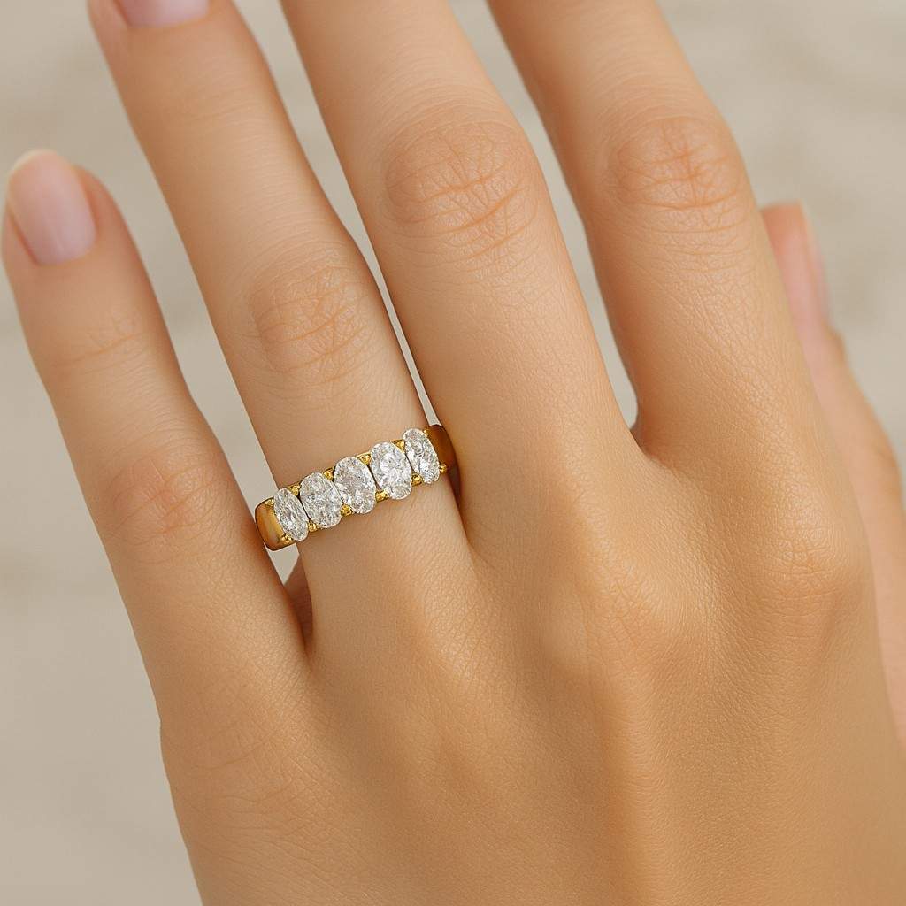 Oval Cut Lab Grown Diamond Wedding Band 14K Yellow Gold 5 Stone Half Eternity Band Oval Matching Band for Birthday Gift Custom ring Oval Diamond Engagement Ring Set Genuine Lab Grown Diamond Wedding Set