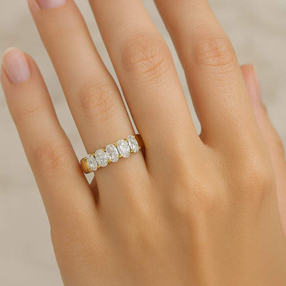 Oval Cut Lab Grown Diamond Wedding Band 14K Yellow Gold 5 Stone Half Eternity Band Oval Matching Band for Birthday Gift Custom ring Oval Diamond Engagement Ring Set Genuine Lab Grown Diamond Wedding Set