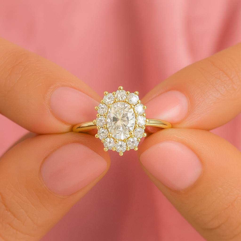 Oval Lab Grown Diamond Engagement Ring 14K Gold Hidden Halo Solitaire