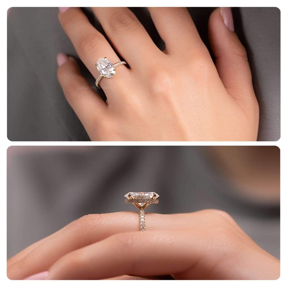 Oval Moissanite Ring with Hidden Halo