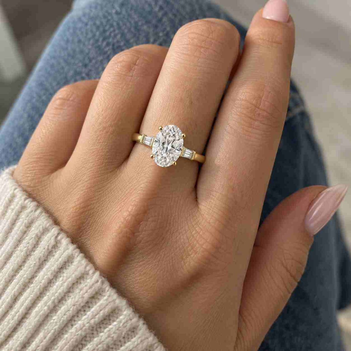 oval & baguette three stone lab diamond ring