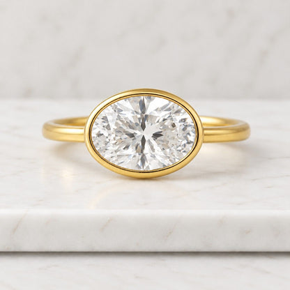 Oval Bezel Ring, 14k Solid Gold Solitaire Moissanite Engagement Ring, Minimalist Statement Band