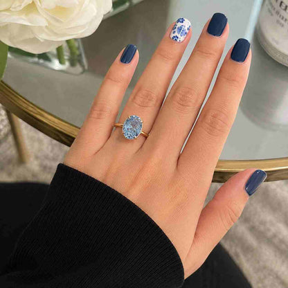 Oval Blue Lab Grown Diamond Engagement Ring Hidden Halo 14K Gold Fancy Blue Solitaire

