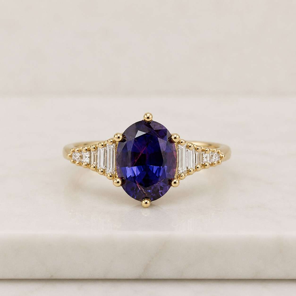 oval ceylon blue sapphire ring: rose gold art deco diamond ring
