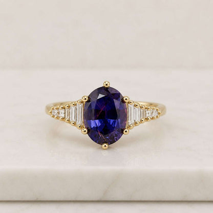 Oval Ceylon Blue Sapphire Ring: Rose Gold Art Deco Diamond Ring