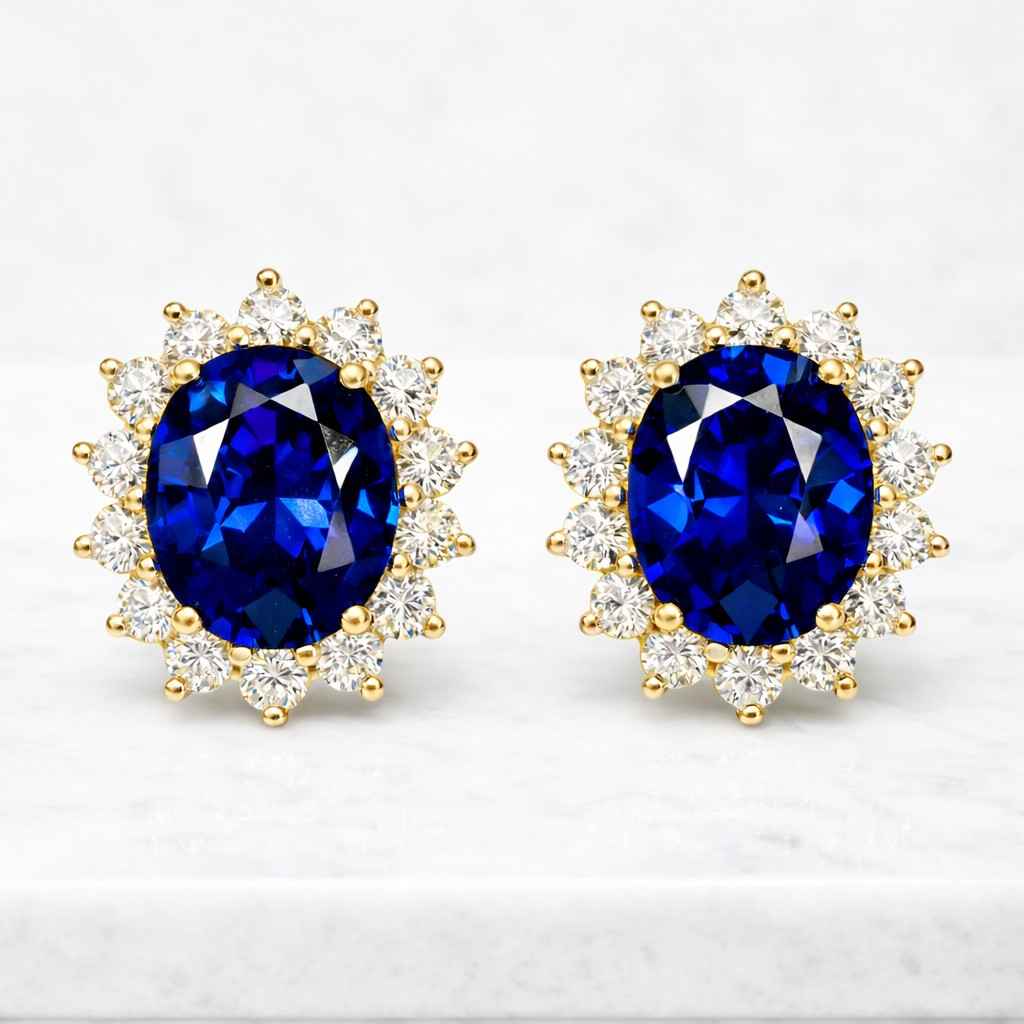Oval Cut Blue Sapphire Stud Earrings, Halo Round Moissanite September Birthstone Gift, Dainty Stud Earrings for Women, Minimalist Earrings
