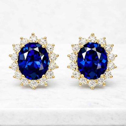 Oval Cut Blue Sapphire Stud Earrings, Halo Round Moissanite September Birthstone Gift, Dainty Stud Earrings for Women, Minimalist Earrings

