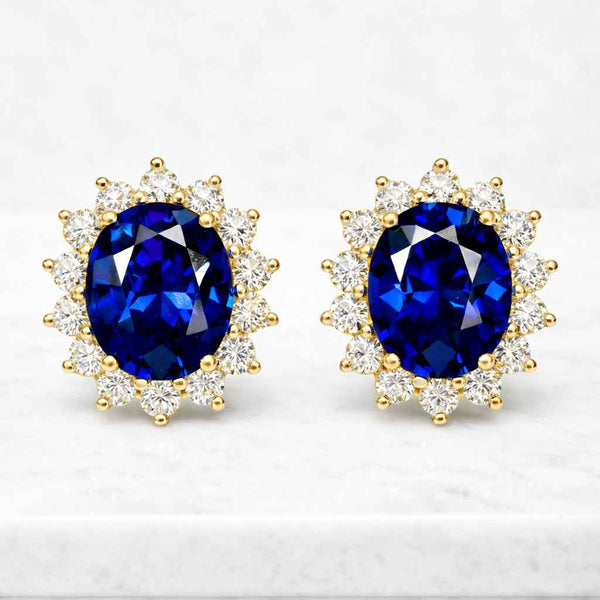 Oval Cut Blue Sapphire Stud Earrings, Halo Round Moissanite September Birthstone Gift, Dainty Stud Earrings for Women, Minimalist Earrings
