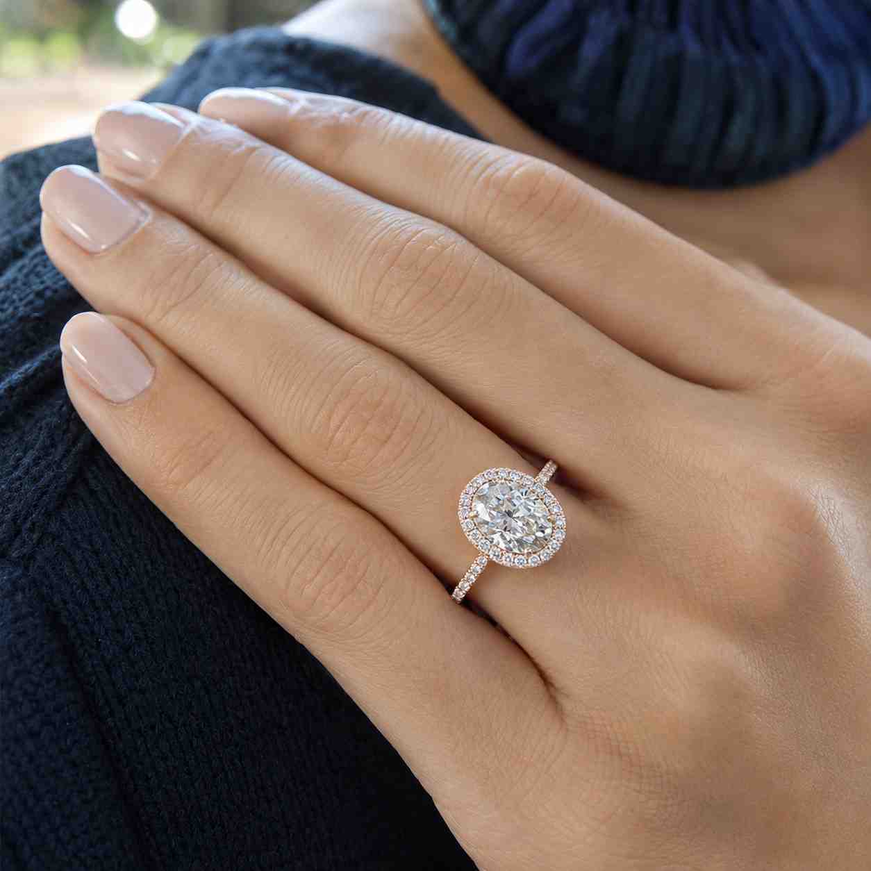 oval cut diamond engagement ring, 14k yellow gold cathedral setting with halo, designer pave accented band, 2.25 carat igi certified diamond