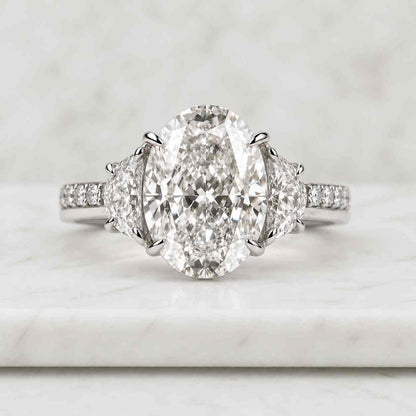 Oval Cut E, VVS2 IGI Certified Ring, Lab Diamond Engagement Ring, 3 Stone Wedding Proposal Ring, Moon Side stone Ring, Perfect gift for her