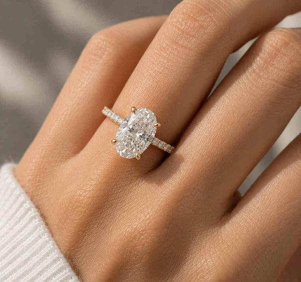 Oval Cut Halo Lab Grown Diamond Engagement Ring | Double Band Pave Round Diamonds | IGI Certified | 10k 14k 18k Gold, Platinum & Silver
