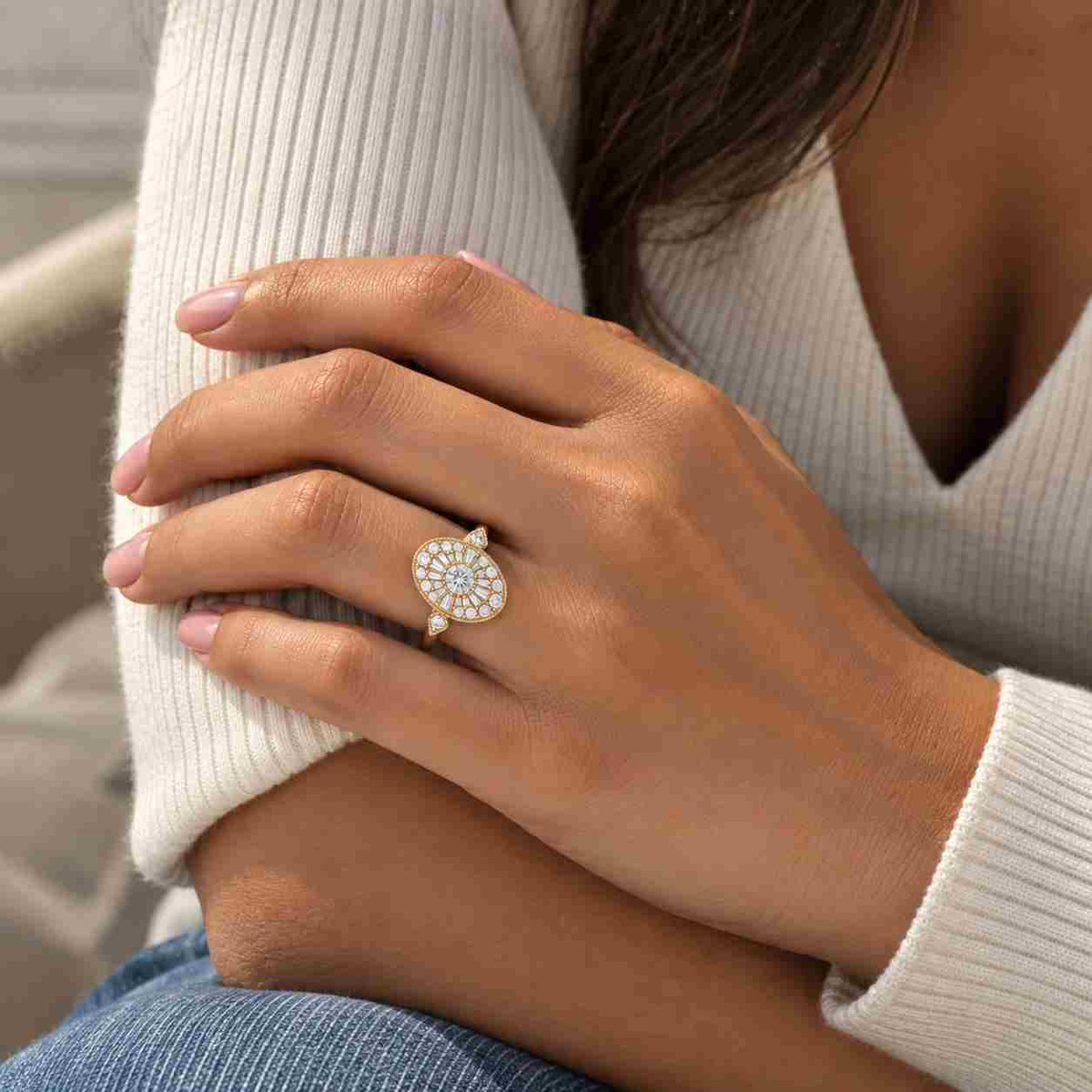 Oval Cut Diamond Engagement Ring, 14K Yellow Gold Cathedral Setting with Halo, Designer Pave Accented Band, 2.25 Carat IGI Certified Diamond