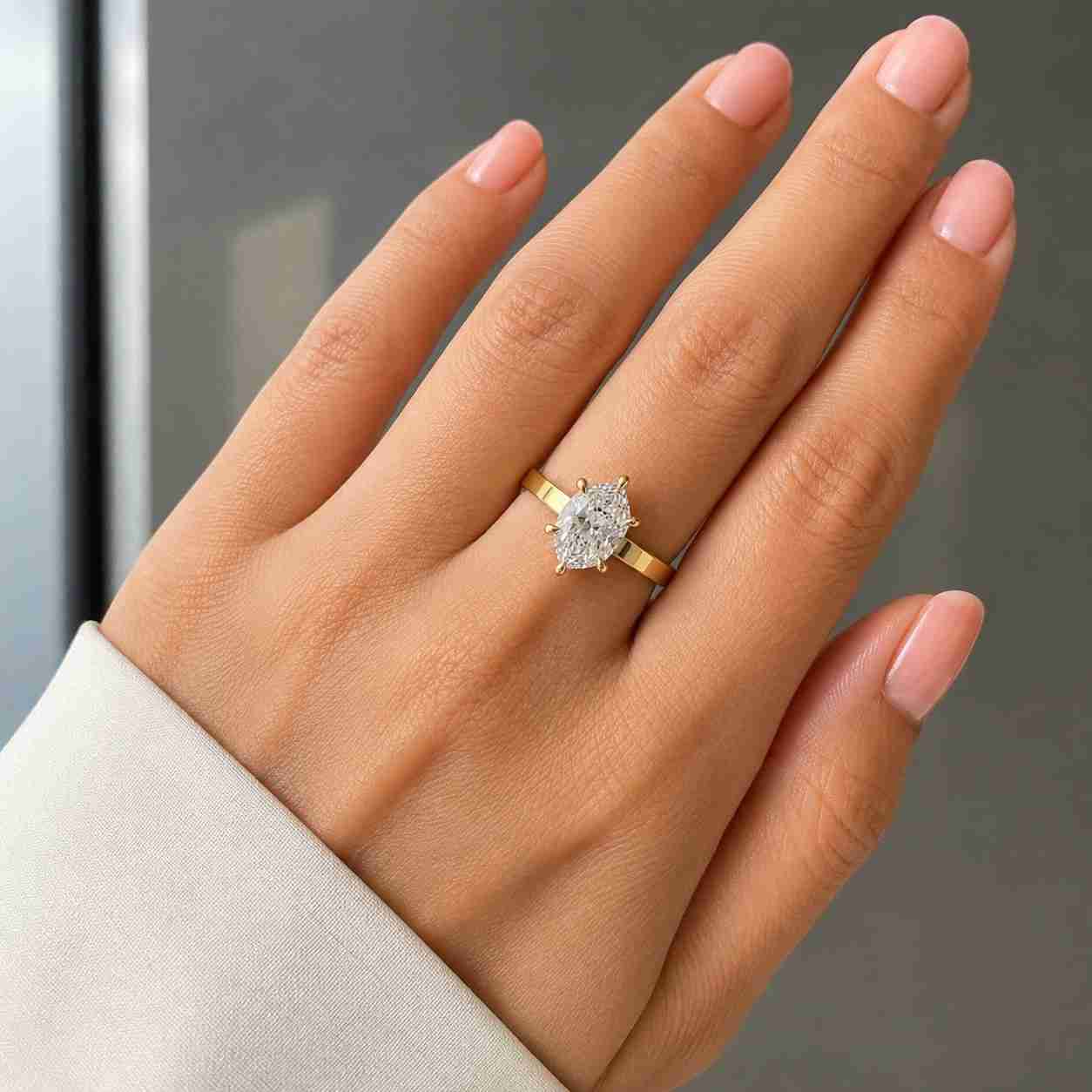 oval cut lab grown diamond engagement ring, 14k solid gold vintage solitaire with split shank
