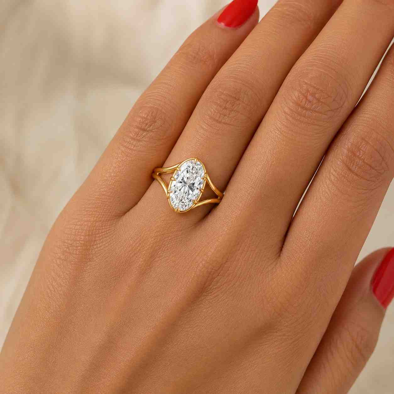 Oval Cut Lab Grown Diamond Engagement Ring 14K Yellow Gold Minimalist Statement Ring Split Shank Ring Anniversary Gift For Women