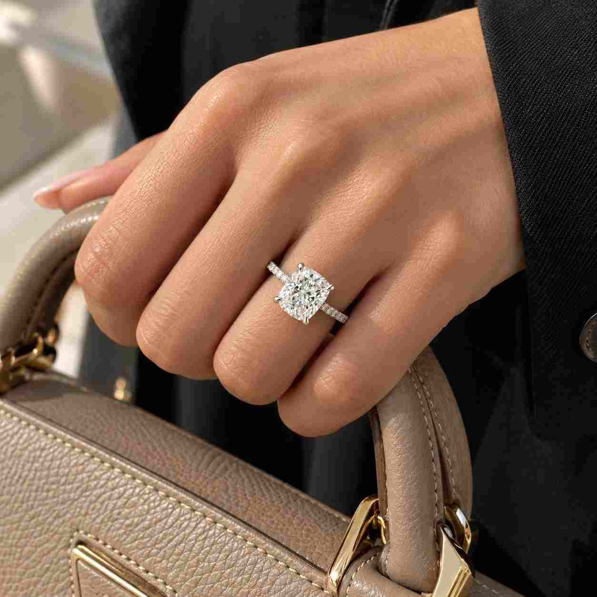 Oval Cut Lab Grown Diamond Engagement Ring Hidden Halo Pave Band Gold Bridal Ring