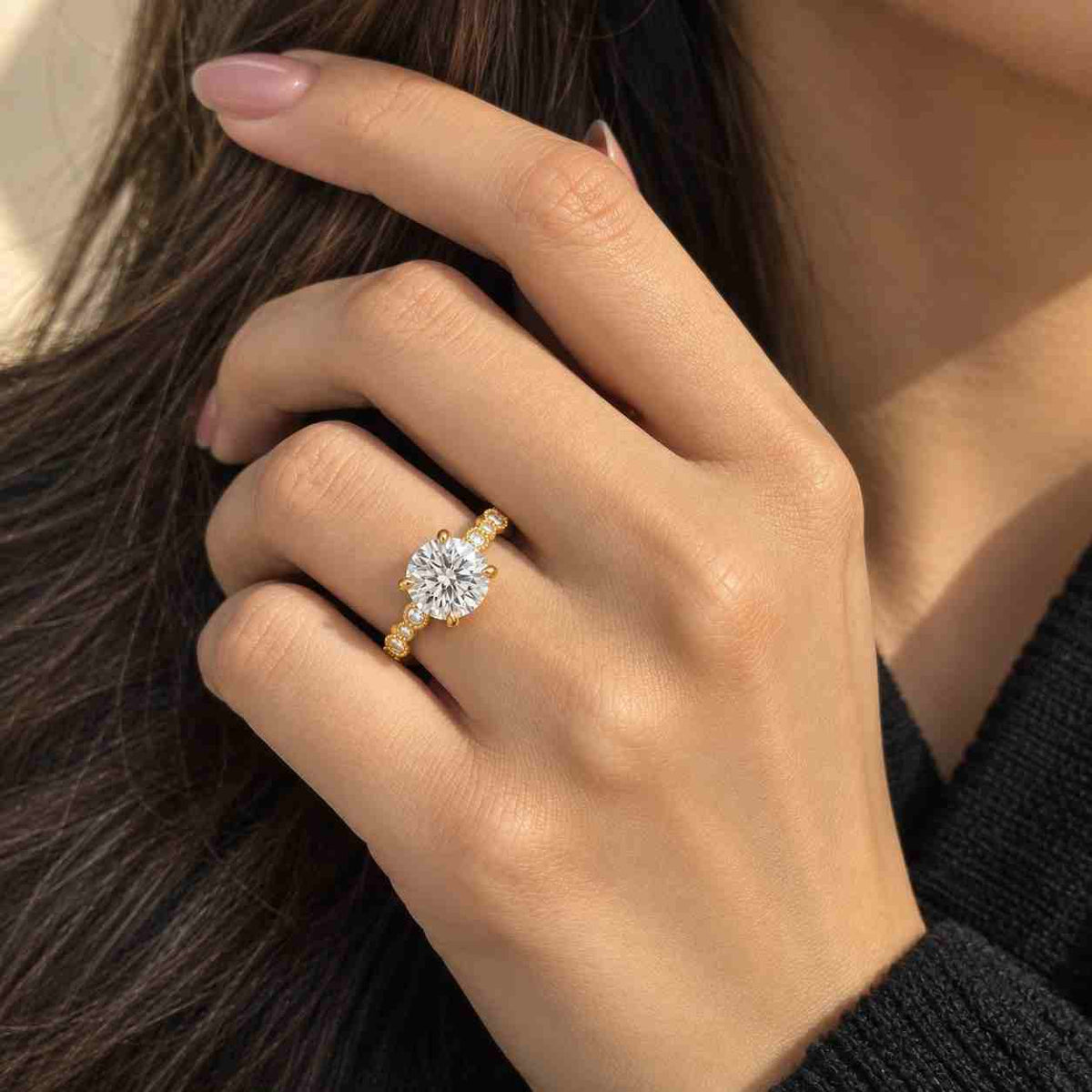 Oval Cut Lab Grown Diamond Engagement Ring, Hidden Halo Pave Band, White Gold Bridal Ring
