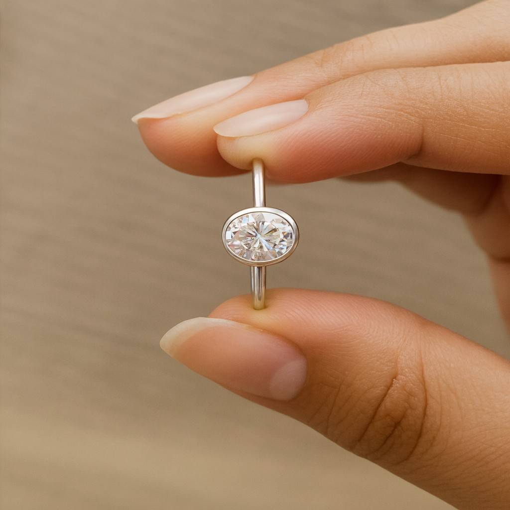 Oval Cut Lab Grown Diamond Solitaire Ring, D VVS2 Bezel Set Engagement Ring, Oval CVD Diamond Yellow Gold Ring