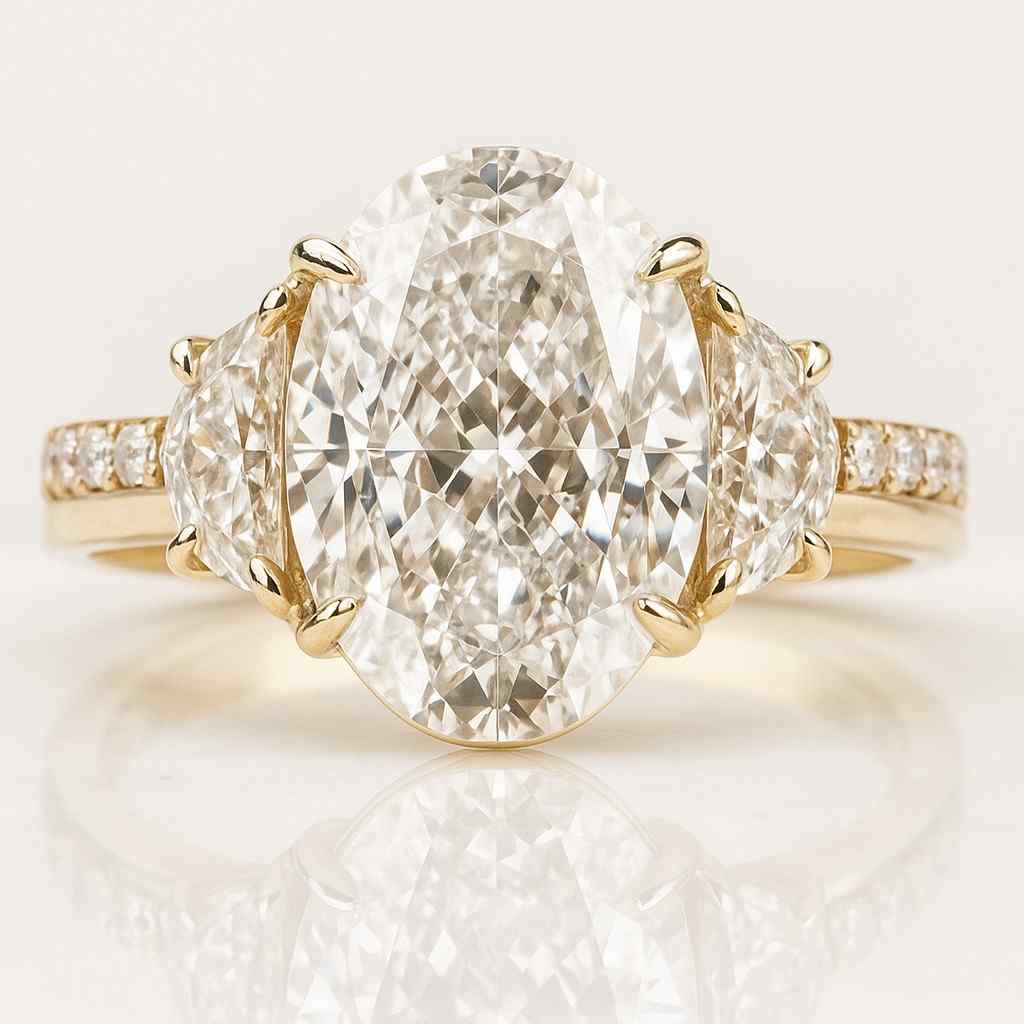 Oval Cut Lab Grown Engagement Ring Three Stone Ring Side Half Moon Diamond Ring 14K Solid White Gold Wedding Ring