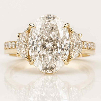 Oval Cut Lab Grown Engagement Ring Three Stone Ring Side Half Moon Diamond Ring 14K Solid White Gold Wedding Ring