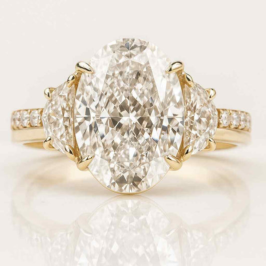 Oval Cut Lab Grown Engagement Ring Three Stone Ring Side Half Moon Diamond Ring 14K Solid White Gold Wedding Ring