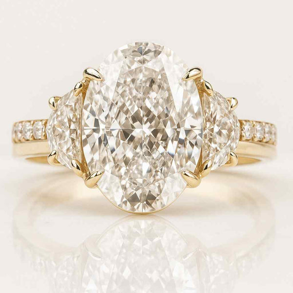 Oval Cut Lab Grown Engagement Ring Three Stone Ring Side Half Moon Diamond Ring 14K Solid White Gold Wedding Ring